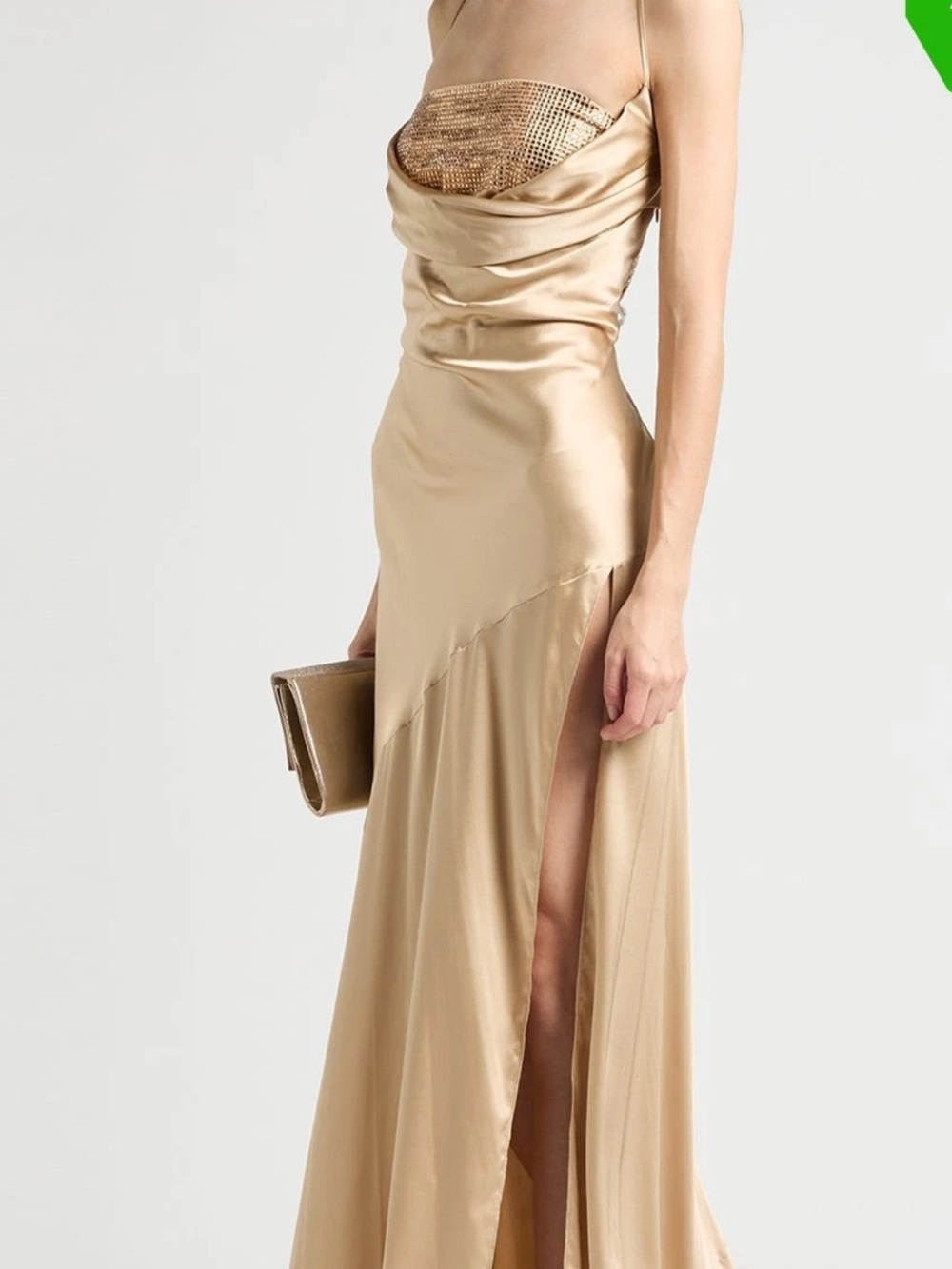 Retrofete Gold Satin Strapless Cowl Gown with High Slit